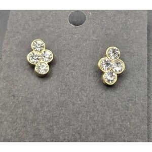 White Rhinestone Stud Earrings Gold Tone